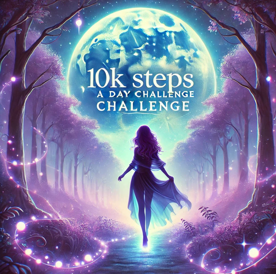 Silhouetted woman walking through a glowing forest under a full moon, promoting a 10k steps a day challenge.
