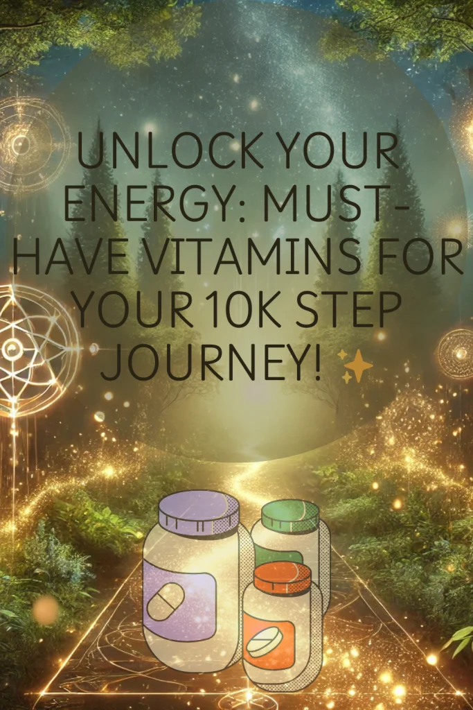 Illustrated vitamin bottles in a glowing forest background, promoting essential supplements for a 10k steps challenge.